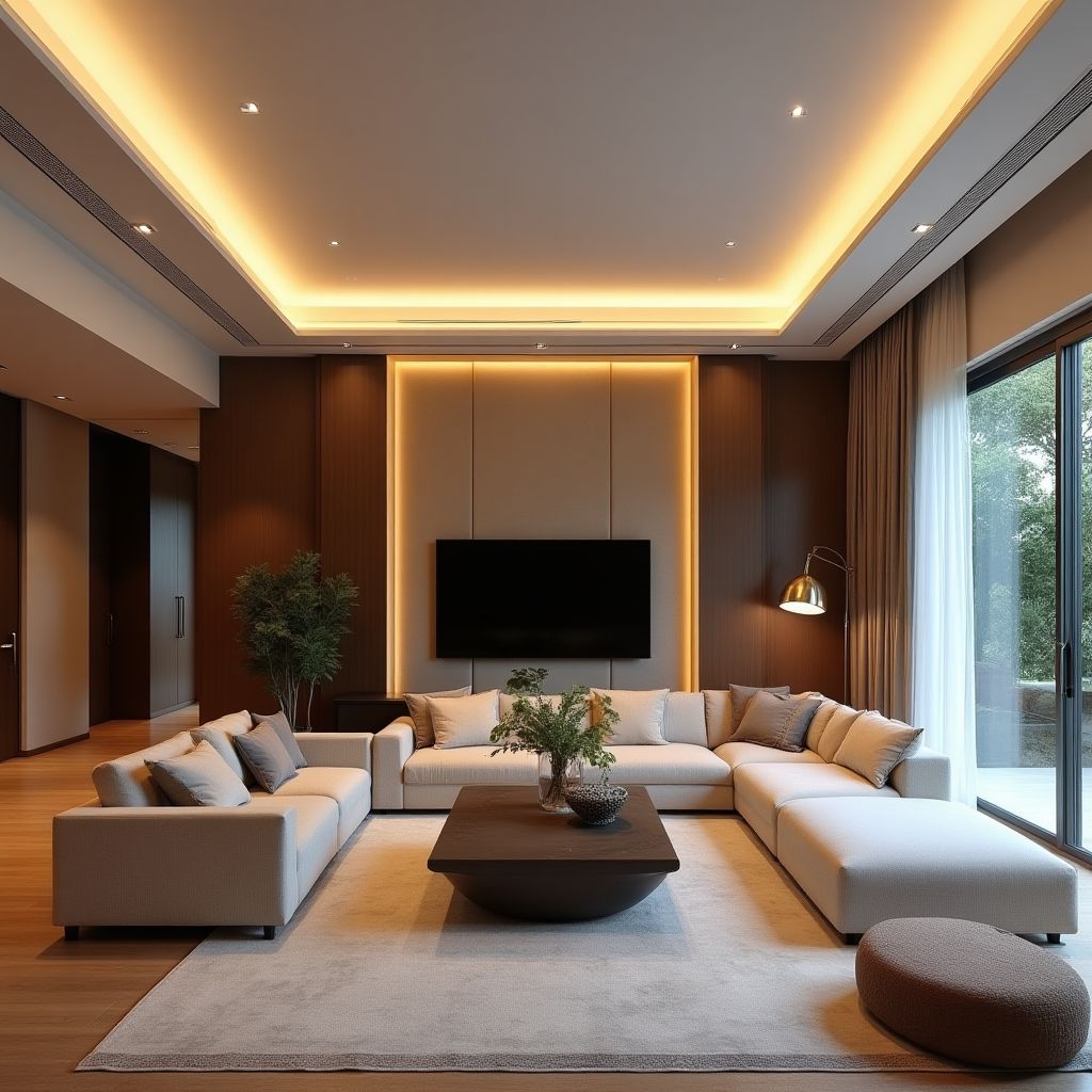 Luxusní obývací pokoj s designovým stropem